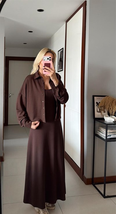 KAHVE GÖMLEK ELBİSE MODAL TAKIM