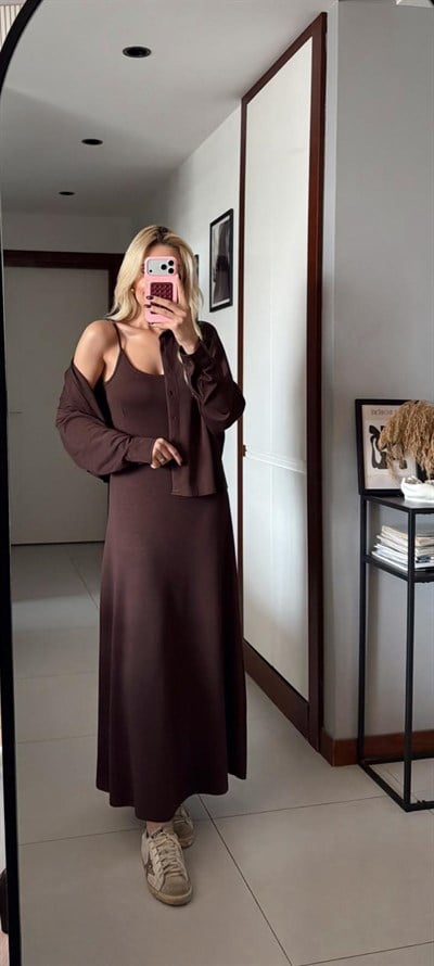 KAHVE GÖMLEK ELBİSE MODAL TAKIM