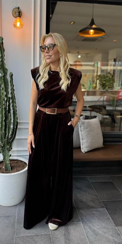 KAHVE KADİFE VATKALI BLUZ PANTOLON TAKIM