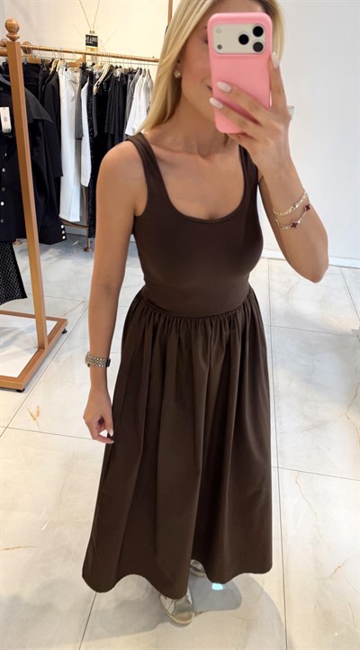 KAHVE KARE YAKA KALIN ASKILI ELBİSE