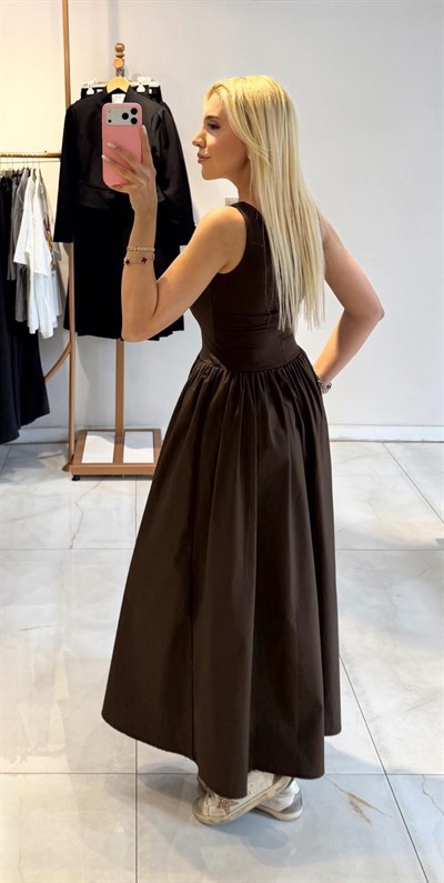 KAHVE KARE YAKA KALIN ASKILI ELBİSE