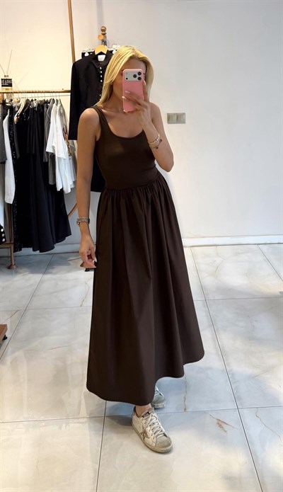 KAHVE KARE YAKA KALIN ASKILI ELBİSE