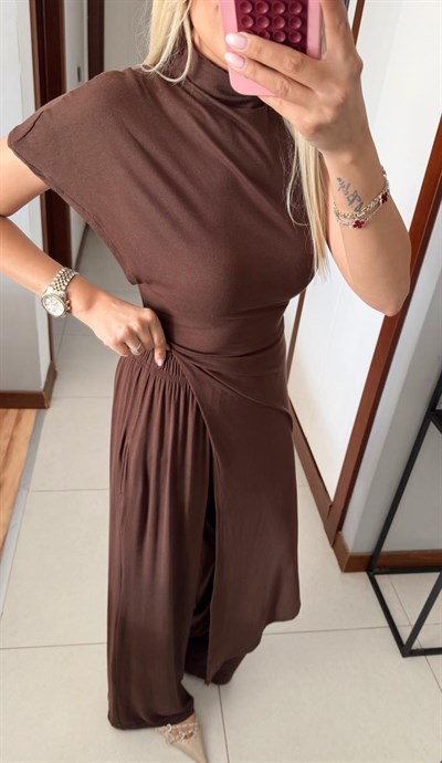 KAHVE KAŞMİR DOKULU ASİMETRİK İKİLİ TAKIM