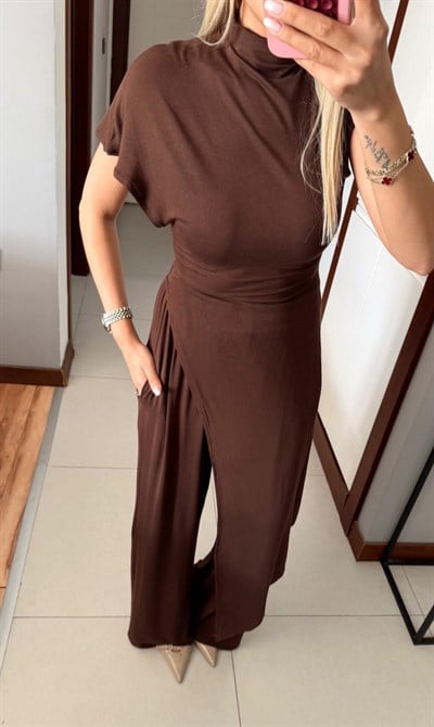KAHVE KAŞMİR DOKULU ASİMETRİK İKİLİ TAKIM