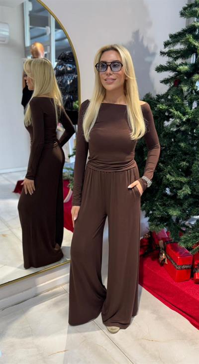 KAHVE KAYIK YAKA UZUN KOLLU İKİLİ DÜZ TAKIM