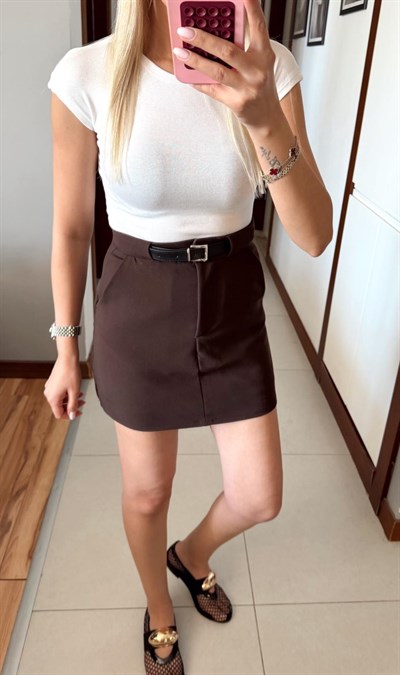 KAHVE KEMERLİ ŞORT ETEK 