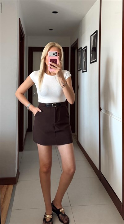 KAHVE KEMERLİ ŞORT ETEK 