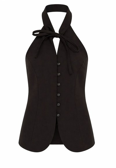 KAHVE KETEN HALTER DÜĞMELİ BLUZ
