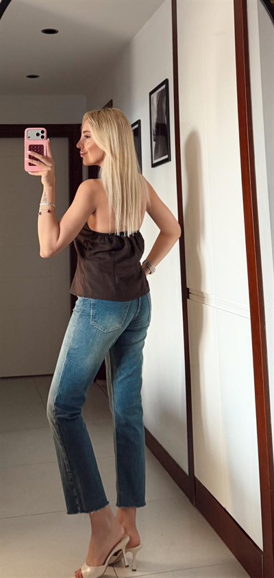 KAHVE KETEN HALTER DÜĞMELİ BLUZ