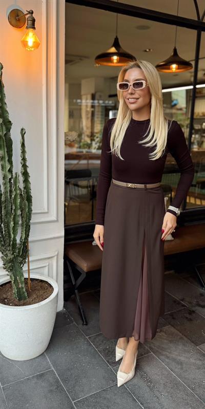 KAHVE KREP KUMAŞ TÜL YIRTMAÇLI MİDİ BOY ETEK