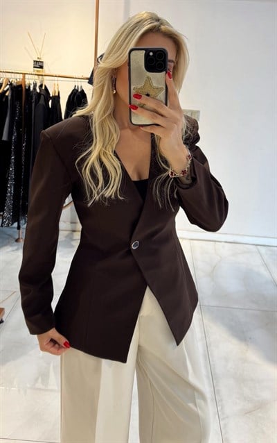 KAHVE KRUVAZE YAKA TEK DÜĞMELİ BLAZER CEKET