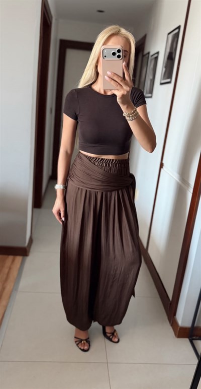 KAHVE KUŞAK BAĞLAMALI ŞALVAR PANTOLON