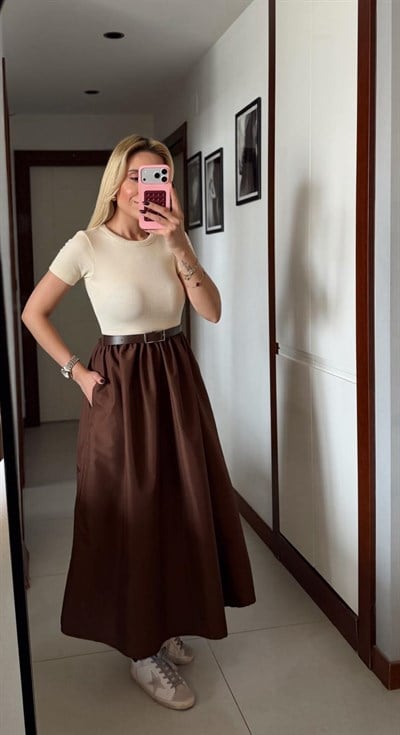 KAHVE LUNA KEMERLİ ELBİSE 