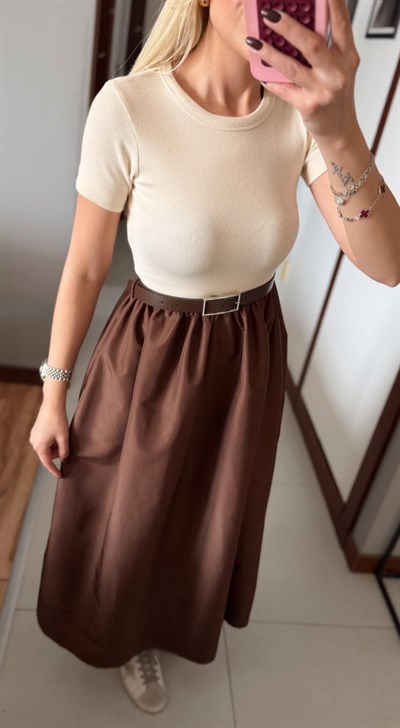 KAHVE LUNA KEMERLİ ELBİSE 