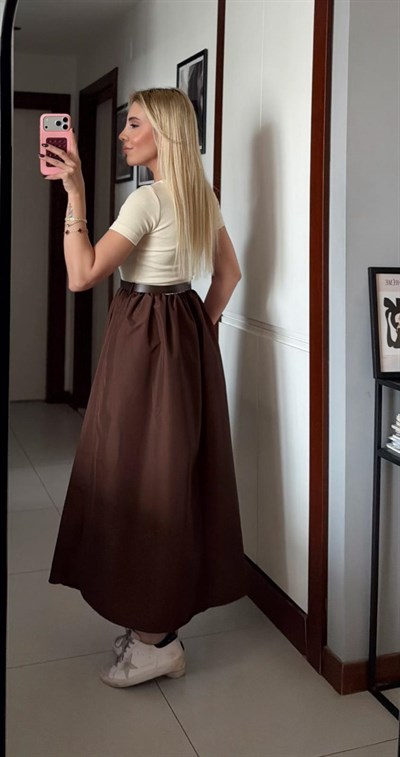 KAHVE LUNA KEMERLİ ELBİSE 