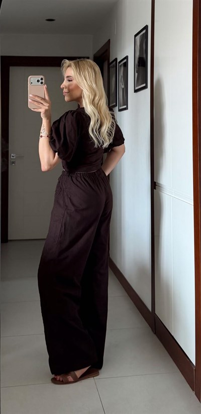KAHVE NAKIŞ DETAYLI ÖNDEN BAĞLAMALI BLUZ PANTOLON TAKIM