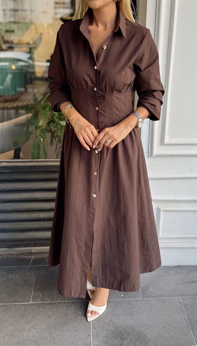 KAHVE PENSLİ ÖNÜ GOLD DÜĞMELİ MİDİ BOY GÖMLEK ELBİSE