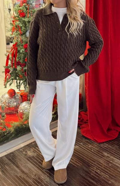 KAHVE SAÇ ÖRGÜ DÜĞMELİ KAZAK