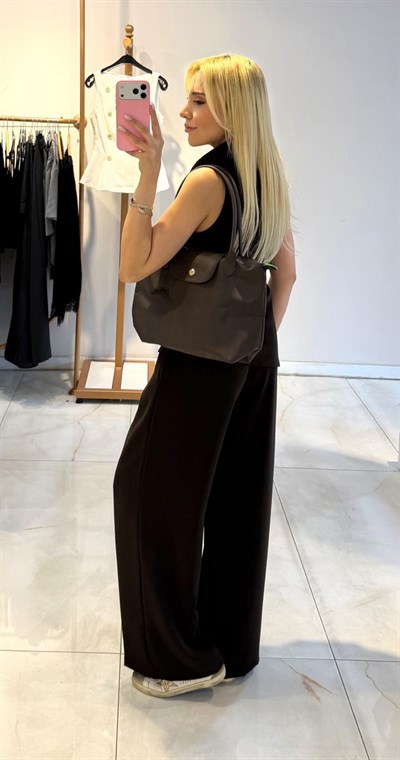 KAHVE ŞAL YAKA VEREV KESİM BLUZ TAKIM