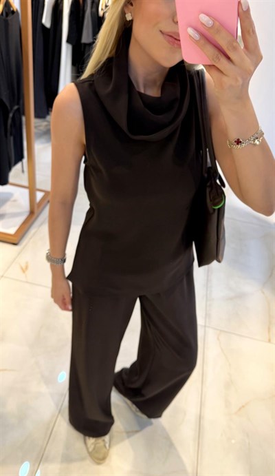 KAHVE ŞAL YAKA VEREV KESİM BLUZ TAKIM