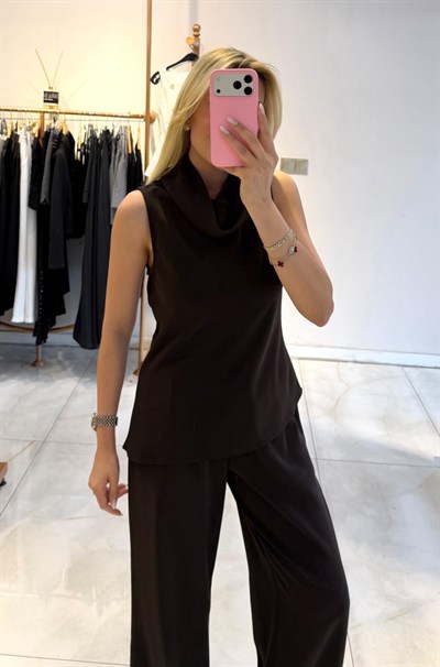 KAHVE ŞAL YAKA VEREV KESİM BLUZ TAKIM
