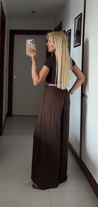 KAHVE SATEN BELDEN LASTİKLİ DÖKÜMLÜ PANTOLON
