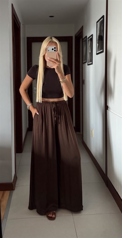 KAHVE SATEN BELDEN LASTİKLİ DÖKÜMLÜ PANTOLON