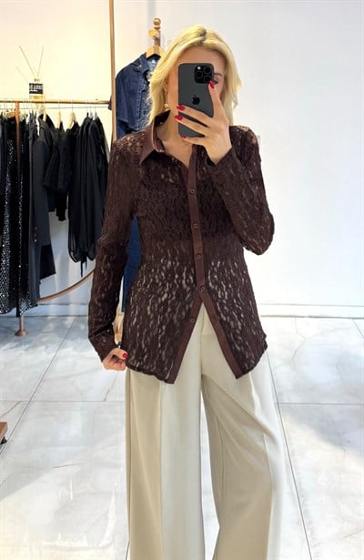 KAHVE SATEN GARNİLİ DANTEL GÖMLEK