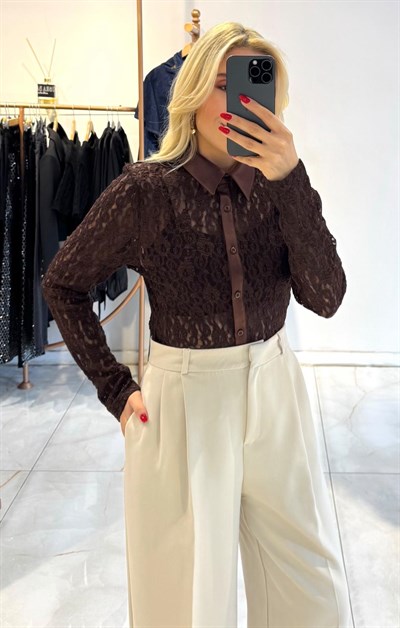 KAHVE SATEN GARNİLİ DANTEL GÖMLEK