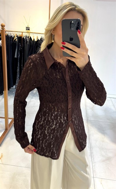 KAHVE SATEN GARNİLİ DANTEL GÖMLEK