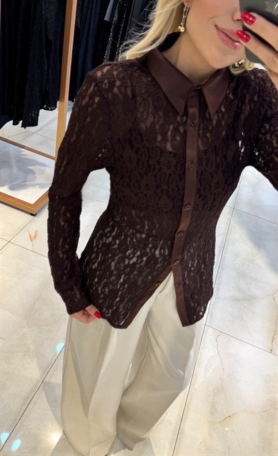 KAHVE SATEN GARNİLİ DANTEL GÖMLEK