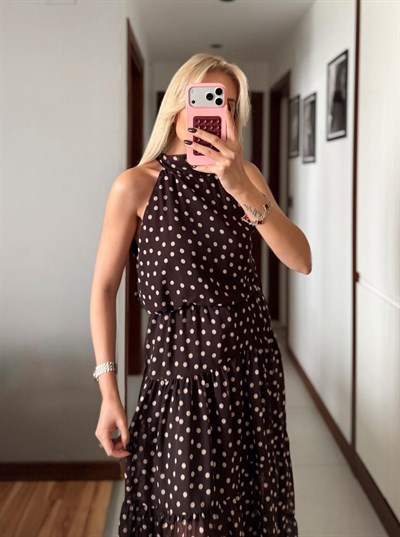 KAHVE SHENA PUANTİYELİ ELBİSE