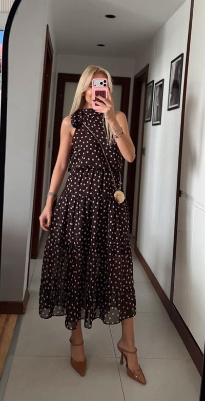 KAHVE SHENA PUANTİYELİ ELBİSE