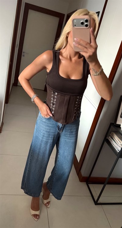 KAHVE TASARIM DENİM GARNİLİ BÜSTİYER