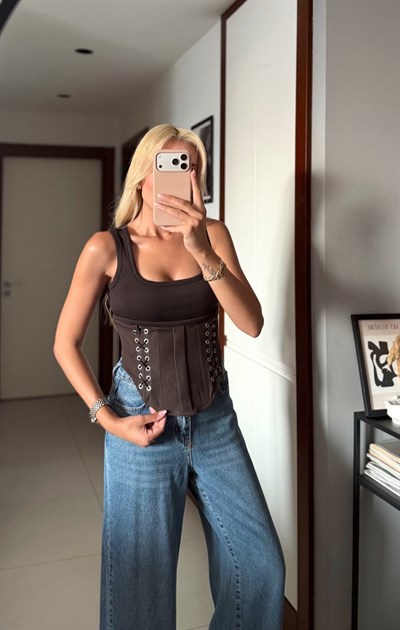 KAHVE TASARIM DENİM GARNİLİ BÜSTİYER