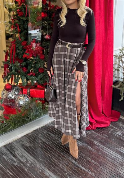 KAHVE YIRTMAÇLI KEMERLİ EKOSE ETEK