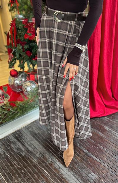 KAHVE YIRTMAÇLI KEMERLİ EKOSE ETEK