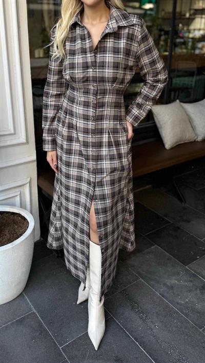 KAHVERENGİ EKOSELİ GÖMLEK ELBİSE