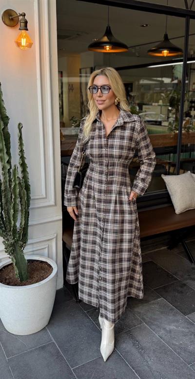 KAHVERENGİ EKOSELİ GÖMLEK ELBİSE