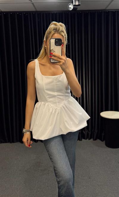 KARE YAKA BALON BLUZ BEYAZ