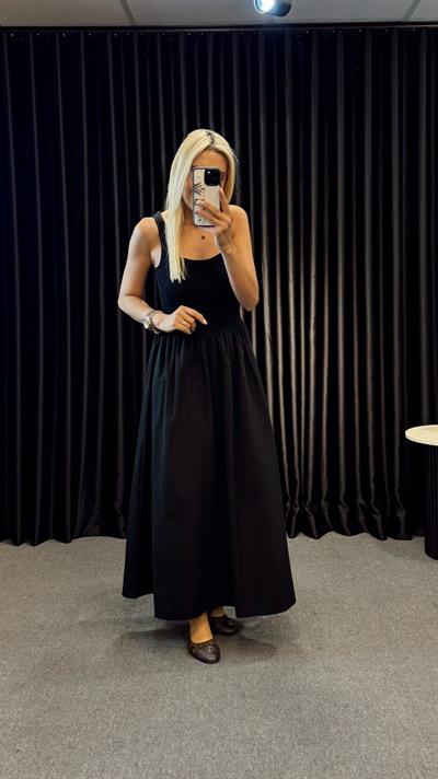 KARE YAKA BALON ELBİSE SİYAH