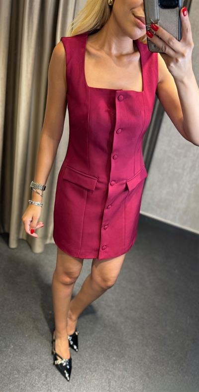 KARE YAKA DÜĞME DETAYLI ELBİSE BORDO