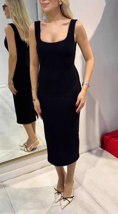 KARE YAKA MİDİ BOY YIRTMAÇLI ELBİSE