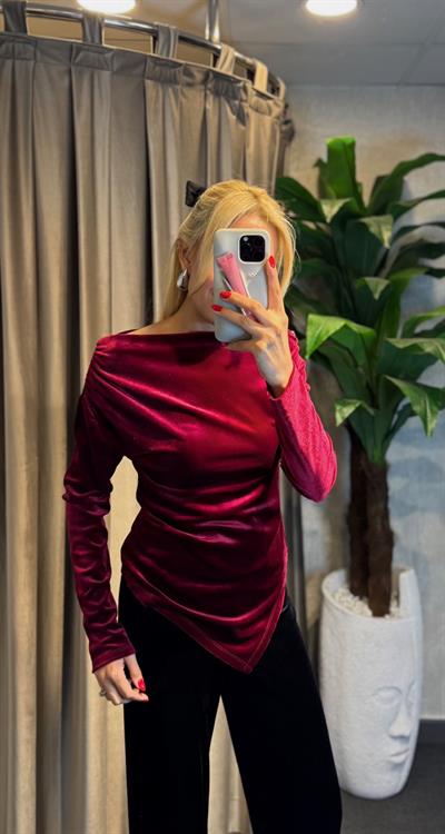 KAYIK YAKA KADİFE BLUZ BORDO