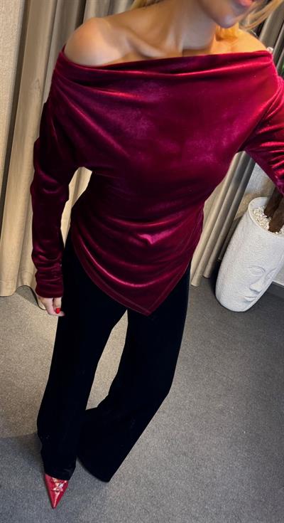 KAYIK YAKA KADİFE BLUZ BORDO
