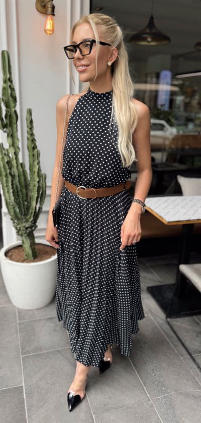 KEMERLİ PUANTİYELİ ELBİSE SİYAH