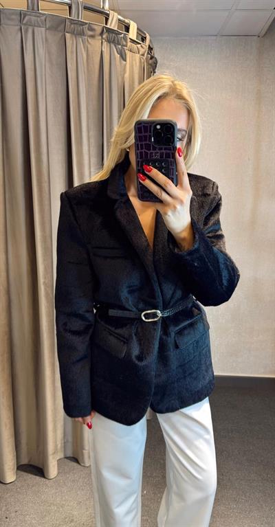 KENDİNDEN KEMERLİ PELUŞ KABAN CEKET SİYAH