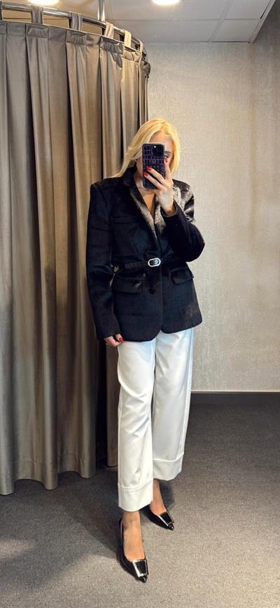 KENDİNDEN KEMERLİ PELUŞ KABAN CEKET SİYAH