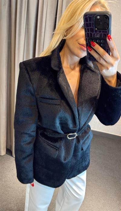 KENDİNDEN KEMERLİ PELUŞ KABAN CEKET SİYAH