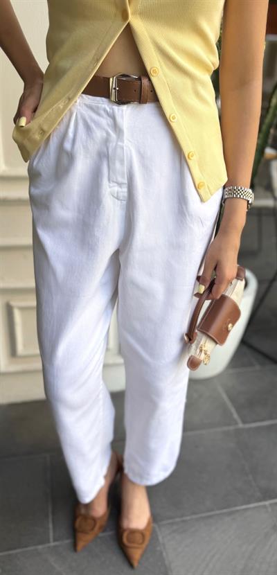 KETEN BİLEK BOY KEMERLİ PANTOLON BEYAZ